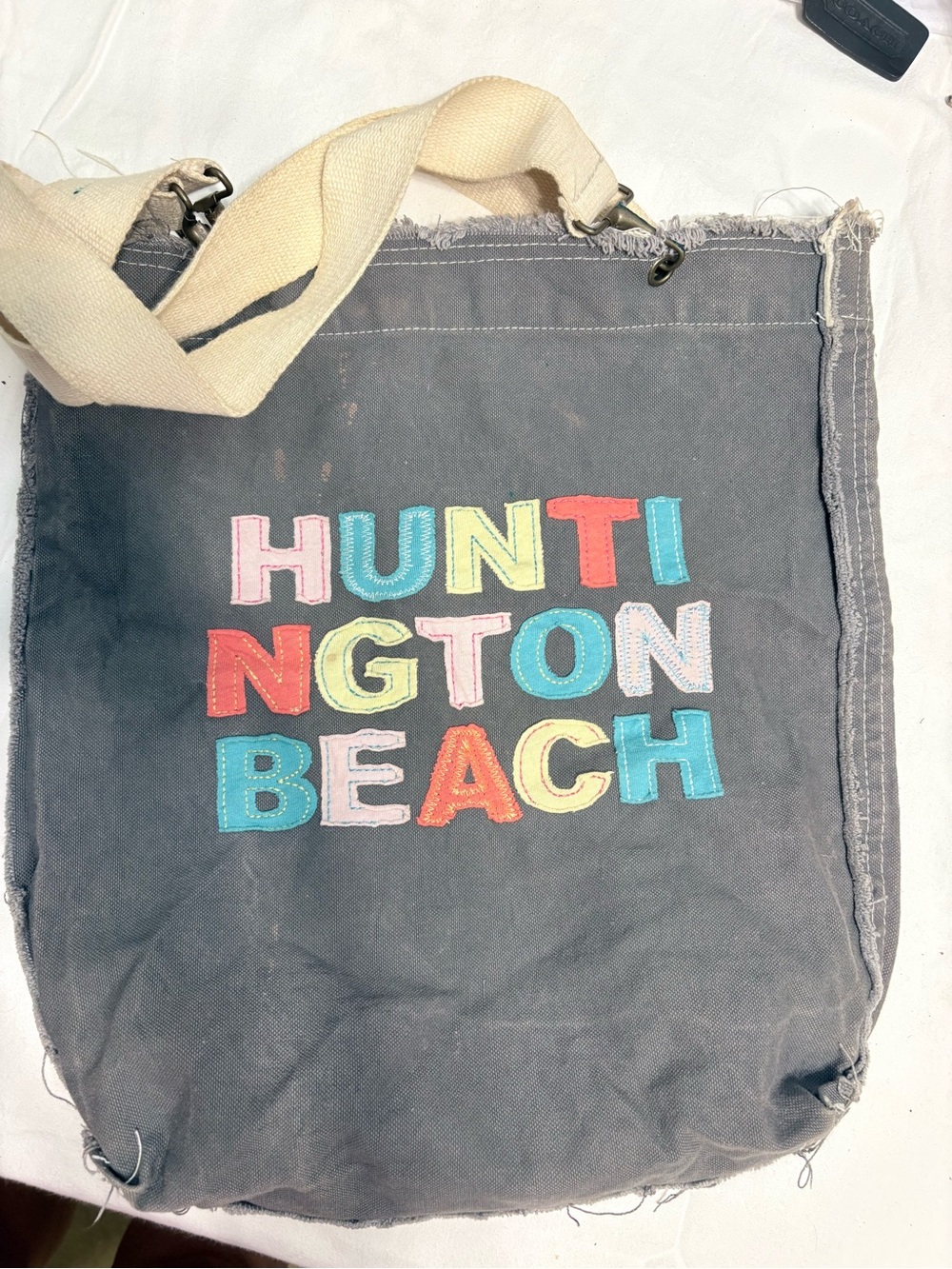 Canvas Huntington Beach Tote Bag in Charcoal with Multicolor Letters